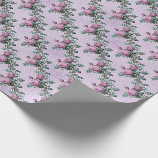 Paarse Rozen op lavender en White Polka Dots Cadeaupapier (Hoek)