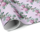 Paarse Rozen op lavender en White Polka Dots Cadeaupapier (Rol Hoek)