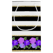 Paarse Rozen op zwart, wit, gouden geschenktas Klein Cadeauzakje (Achterkant)