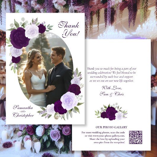 Paarse Rozen Ovaal Foto QR Code Elegant Huwelijk Bedankkaart