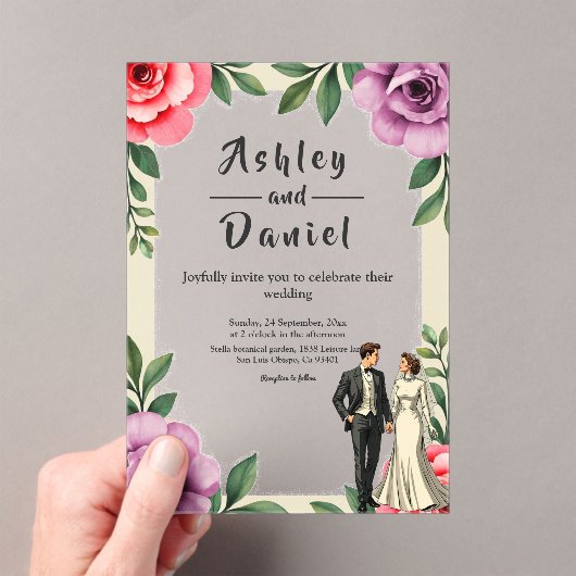 Paarse Rozen Paar Waterverf Bloemen Huwelijk Acryl Uitnodigingen (Insitu (Draagbaar))