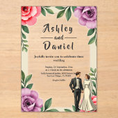 Paarse Rozen Paar Waterverf Bloemen Huwelijk Acryl Uitnodigingen (Voorkant)