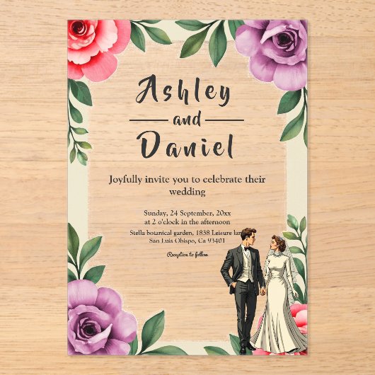 Paarse Rozen Paar Waterverf Bloemen Huwelijk Acryl Uitnodigingen (Voorkant)