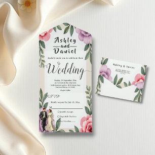 Paarse Rozen Paar Waterverf Bloemen Huwelijk All In One Uitnodiging