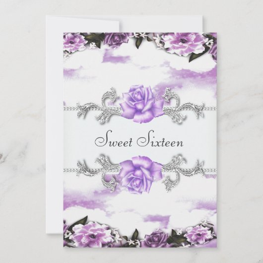 Paarse Rozen Paarse  Sweet Sixteen Party Kaart (Voorkant)