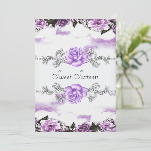 Paarse Rozen Paarse  Sweet Sixteen Party Kaart (Staand voorkant)