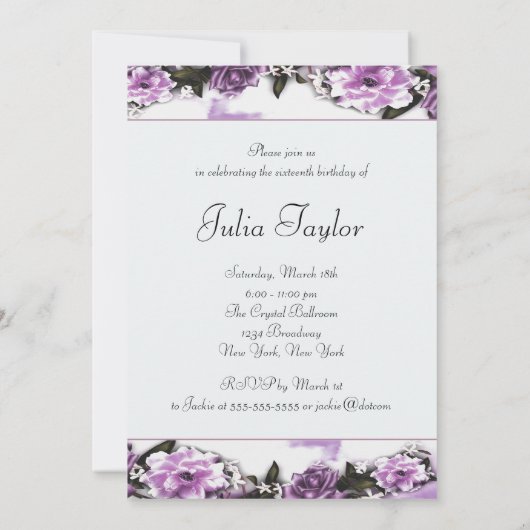 Paarse Rozen Paarse  Sweet Sixteen Party Kaart (Achterkant)