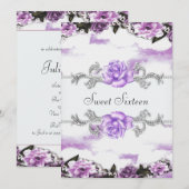 Paarse Rozen Paarse  Sweet Sixteen Party Kaart (Voorkant / Achterkant)