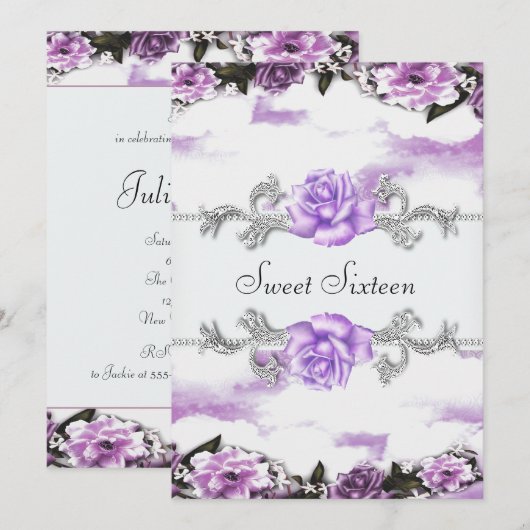 Paarse Rozen Paarse  Sweet Sixteen Party Kaart (Voorkant / Achterkant)
