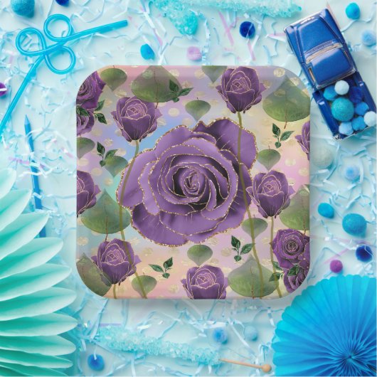 Paarse rozen papieren borden met namaak gouden ran papieren bordje (Feest)