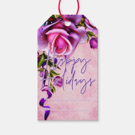 Paarse Rozen Prettige feestdagen Cadeaulabel (Voorkant)