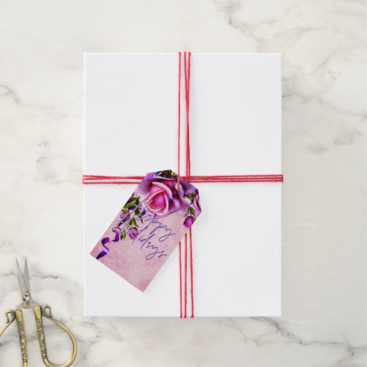 Paarse Rozen Prettige feestdagen Cadeaulabel (Met Touw)