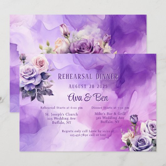 Paarse Rozen Repetitie Diner Uitnodiging (Voorkant / Achterkant)