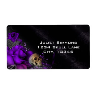 Paarse Rozen + Schedel Gotische Goth Fantasie Magi Etiket