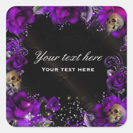Paarse Rozen + Schedels Gothische Sticker Label (Voorkant)