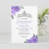 Paarse Rozen Silver Tiara Quinceañera Birthday Inv Kaart (Staand voorkant)