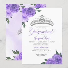 Paarse Rozen Silver Tiara Quinceañera Birthday Inv Kaart