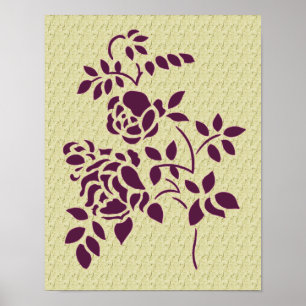 Paarse Rozen Stencil Art Floral Poster