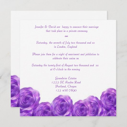 Paarse Rozen Uitnodiging voor de Bruiloftsreceptie (Voorkant / Achterkant)