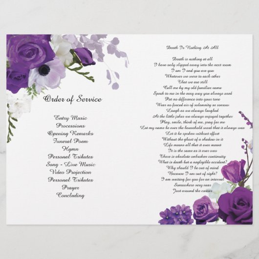 Paarse Rozen van de bil - Fold Funeral Programme Flyer (Achterkant)