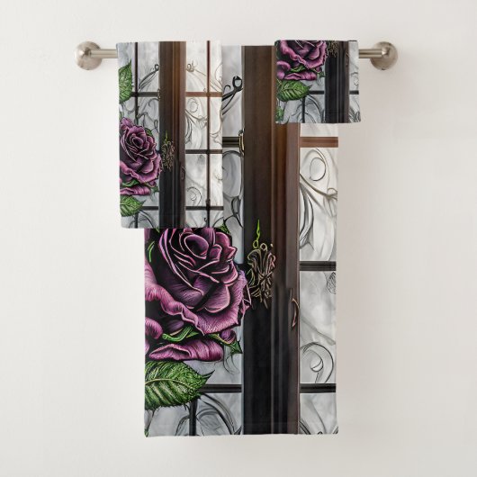 Paarse rozen van het raam - gothische stijl bad handdoek (Insitu)