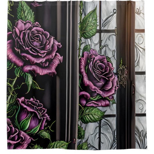 Paarse rozen van het raam - gothische stijl douchegordijn (Voorkant)