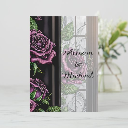 Paarse rozen van het raam - gothische stijl kaart (Staand voorkant)