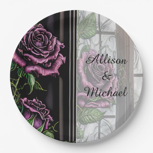 Paarse rozen van het raam - gothische stijl papieren bordje (Voorkant)