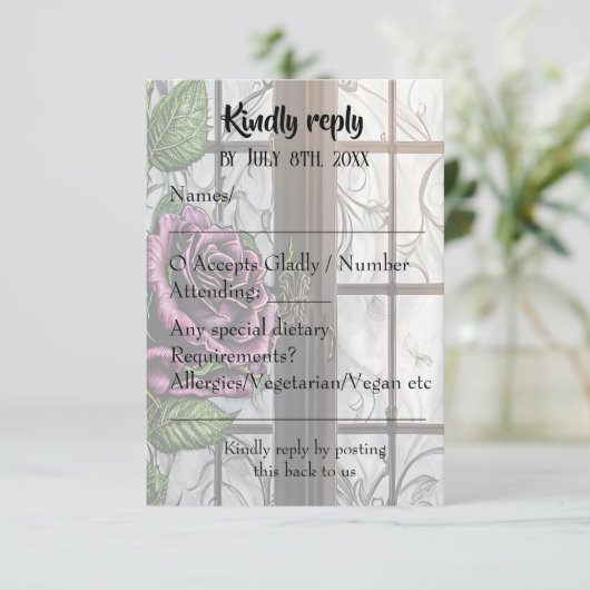 Paarse rozen van het raam - gothische stijl RSVP kaartje (Staand voorkant)