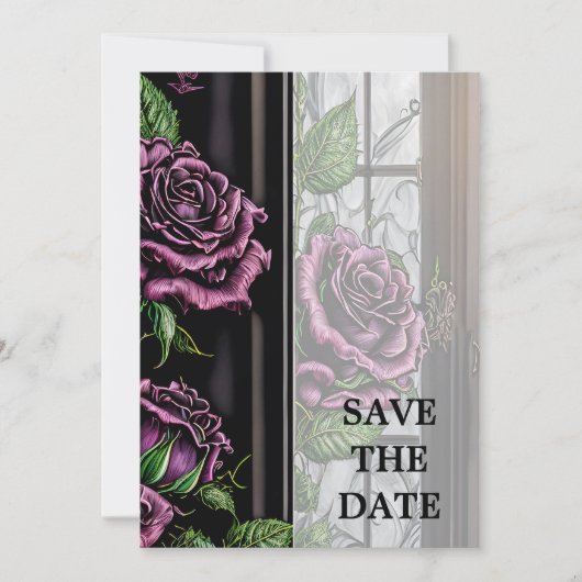 Paarse rozen van het raam - gothische stijl save the date (Voorkant)