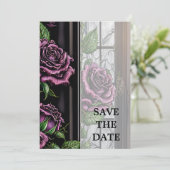 Paarse rozen van het raam - gothische stijl save the date (Staand voorkant)