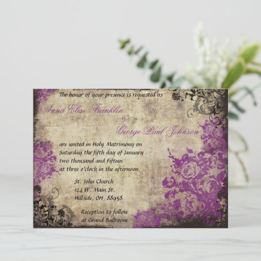 Paarse Rozen vintage bruiloft uitnodiging (Staand voorkant)