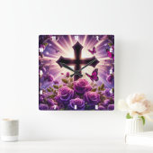 Paarse Rozen vlinders stralend kruis Vierkante Klok (Huis)