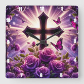 Paarse Rozen vlinders stralend kruis Vierkante Klok (Voorkant)