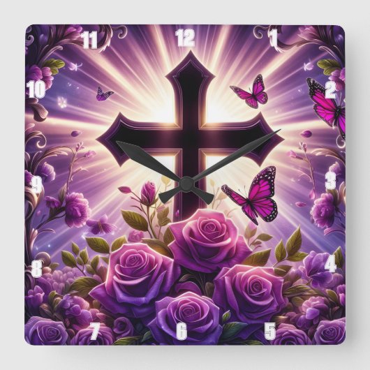 Paarse Rozen vlinders stralend kruis Vierkante Klok (Voorkant)