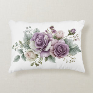 Paarse Rozen Waterverf Bloemen Groene Elegante Accent Kussen