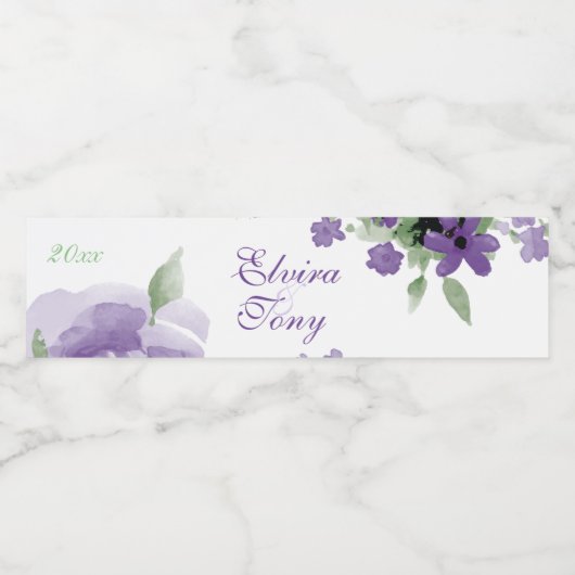 Paarse Rozen, Waterverf Floral Waterfles Etiket (Enkel label)