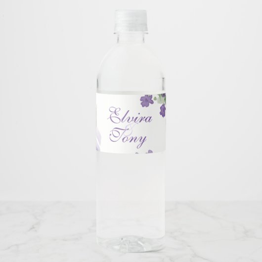 Paarse Rozen, Waterverf Floral Waterfles Etiket (Voorkant)