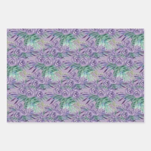 Paarse Rozen Waterverf handgeschilderd Inpakpapier Vel (Voorkant)