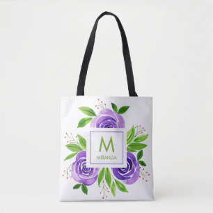 Paarse Rozen Waterverf Monogram op persoonlijke ti Tote Bag