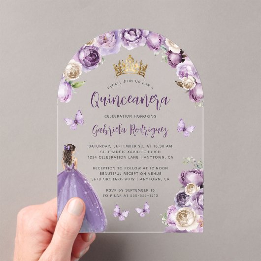 Paarse Rozen Waterverf Quinceañera Acryl Uitnodigingen (Insitu (Draagbaar))