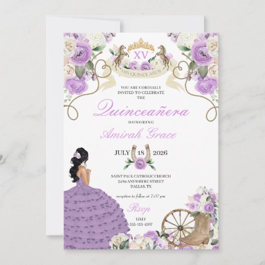 Paarse Rozen Western Charro Cowgirl Quinceañera Kaart (Voorkant)