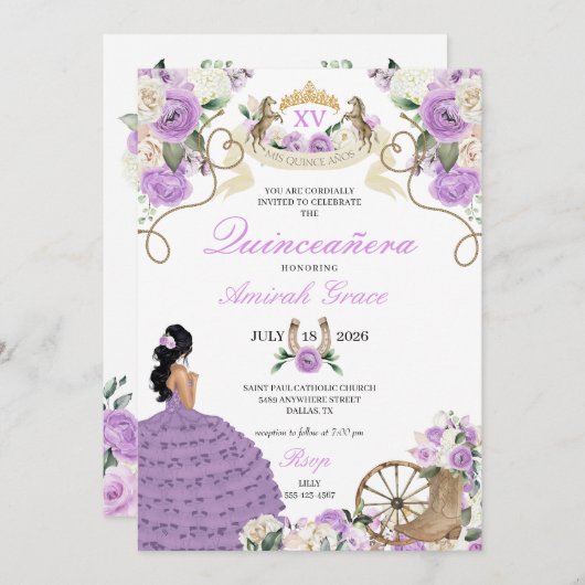 Paarse Rozen Western Charro Cowgirl Quinceañera Kaart (Voorkant / Achterkant)