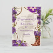 Paarse Rozen Westerne Boots Charro Quinceanera Kaart (Staand voorkant)