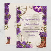 Paarse Rozen Westerne Boots Charro Quinceanera Kaart (Voorkant / Achterkant)