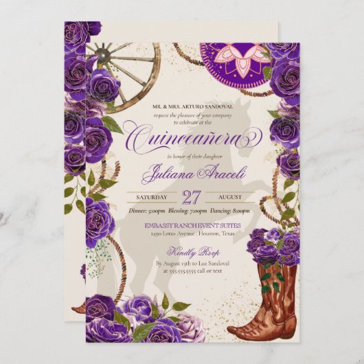 Paarse Rozen Westerne Boots Charro Quinceanera Kaart (Voorkant / Achterkant)