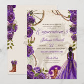 Paarse Rozen Westerne Ranch Charro Quinceanera Inv Kaart (Voorkant / Achterkant)