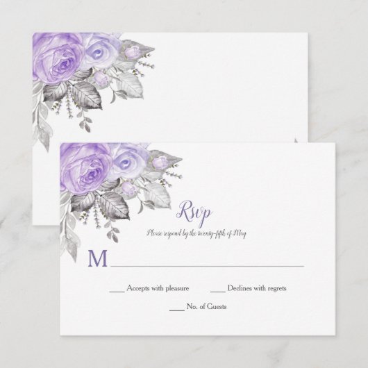 Paarse Rozen Zilveren bladeren - Wit - Berichten | RSVP Kaartje (Voorkant / Achterkant)