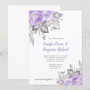 Paarse Rozen Zilveren Bladeren - Wit - Huwelijk   Kaart
