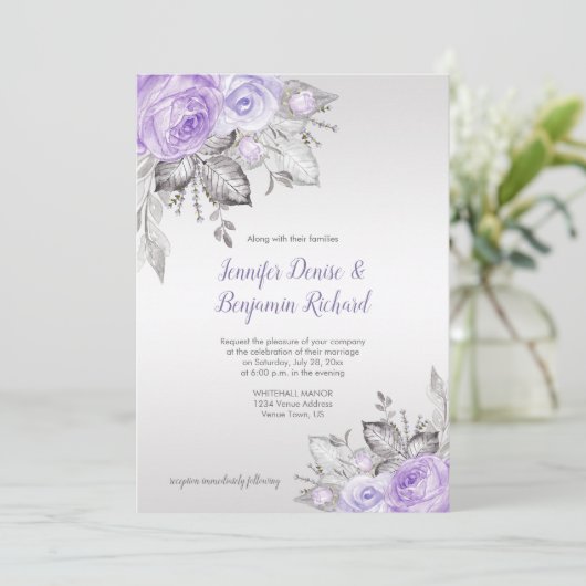 Paarse Rozen Zilveren bladeren - Zilver - Bruiloft Kaart (Staand voorkant)